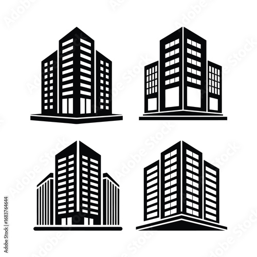 Set of four black vector icons featuring modern skyscraper and office building designs