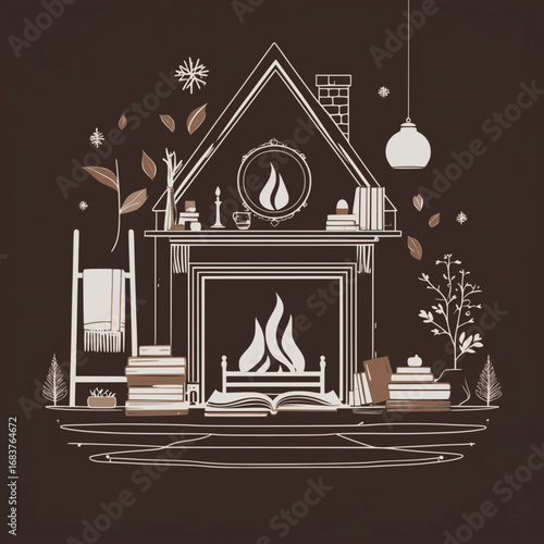 Cozy Hygge Home Outline with Fireplace and Comfort Elements on Dark Brown Background for Lifestyle and Interior Design Content