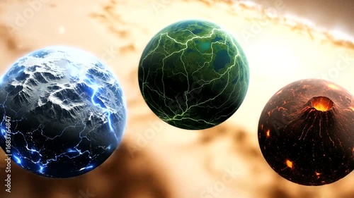 Three planets of varying states in deep space, showcasing different environmental conditions.