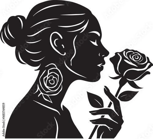 Silhouette of a woman smelling a rose with floral tattoo on neck on a white background profile