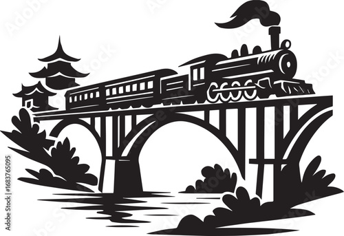 Steam Train Crossing a Bridge with Pagoda- Style Buildings locomotive engine
