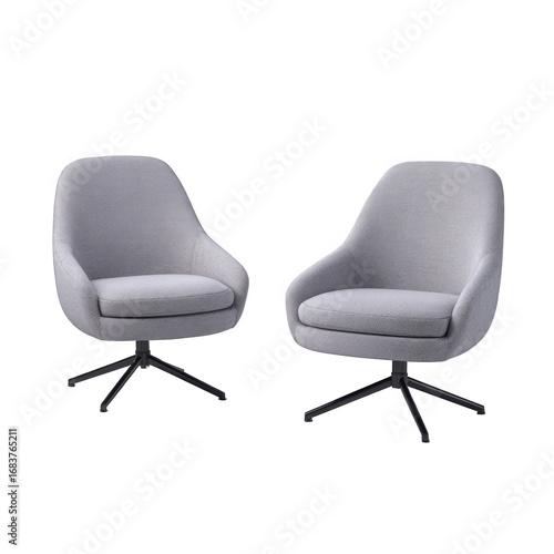 Pair of grey fabric armchairs isolated on transparent background
