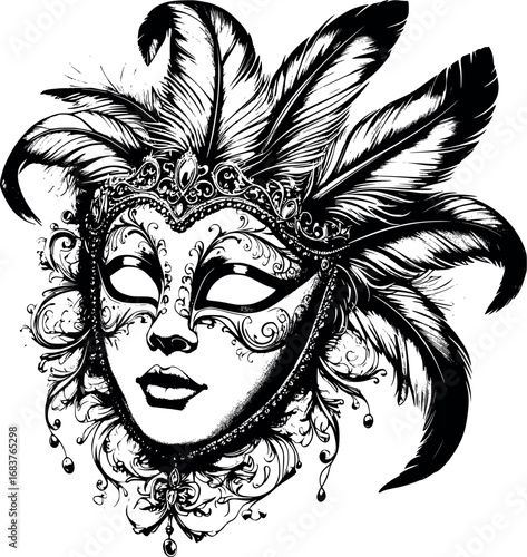 Venetian carnival mask. Ornate engraved etching with feathers and filigree detail.