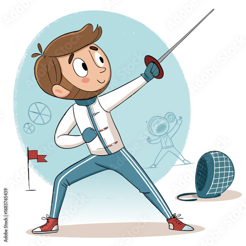 Cute cartoon fencer boy in a dynamic pose with his sword.