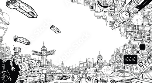 Futuristic, city, flying cars, robots, skyscrapers, digital clock, satellite dishes, pipes