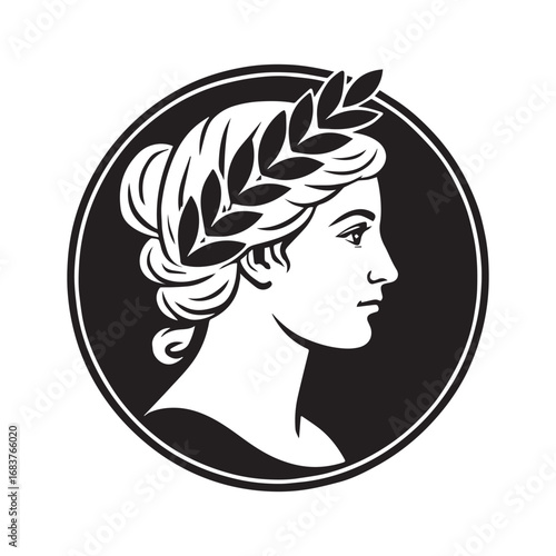Classical profile laurel wreath woman black and white 