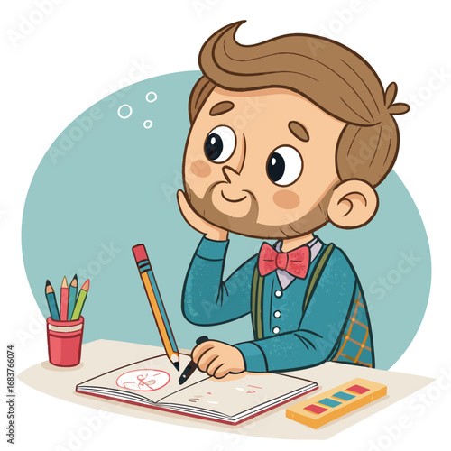 Cute cartoon man with a beard drawing in a notebook.