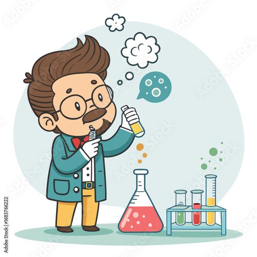 Cute cartoon scientist character conducting a chemical experiment in a laboratory.