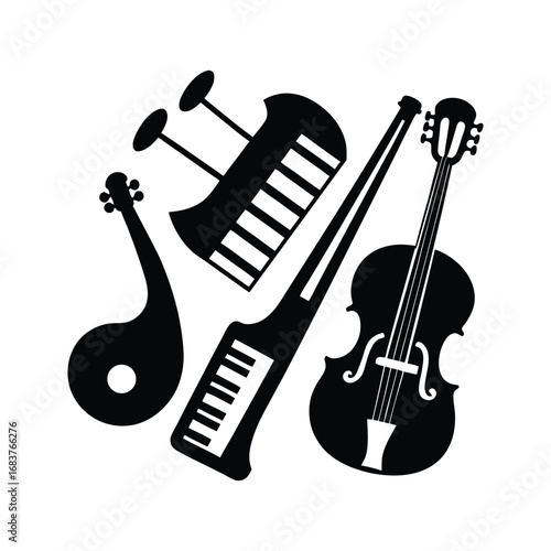 A collection of four black fill vector designs featuring various musical instruments