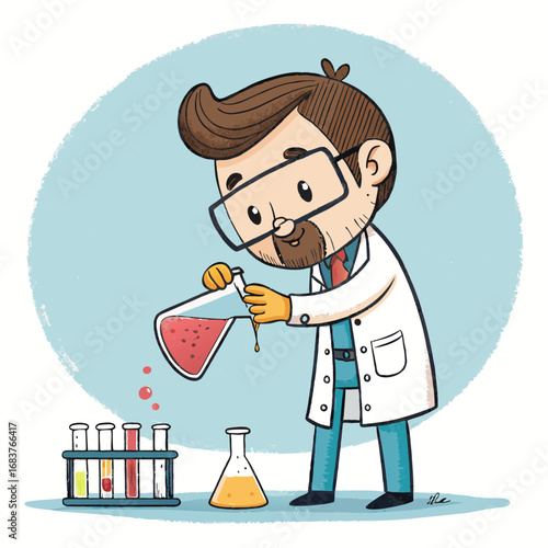 Cute cartoon scientist conducting a chemical experiment in a lab.