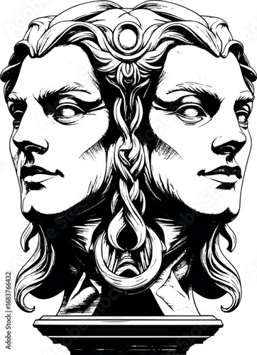 Dual gaze engraving. Stylized Janus portrait in mirrored linework.