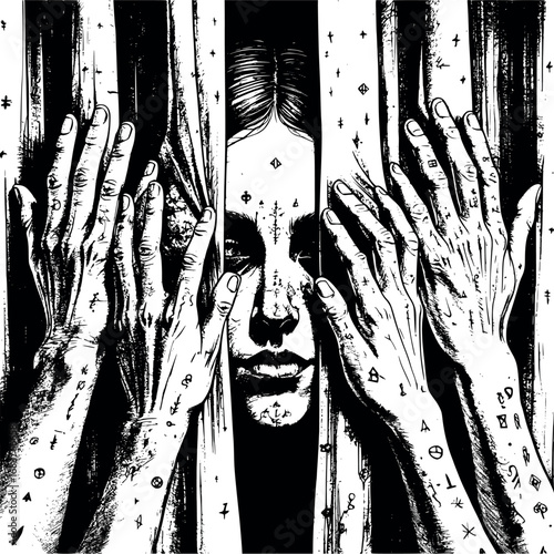Hidden self engraving. Symbolic portrait of mystery and emotion.