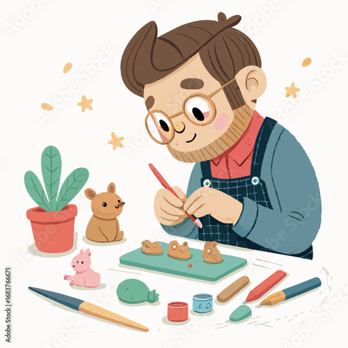 Cute illustration of a man enjoying his hobby of sculpting clay animals.