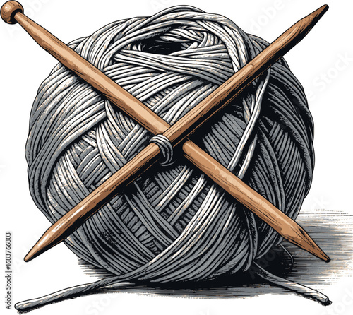 Knitting set engraving. Vintage handcraft yarn in engraved detail.