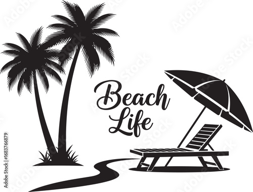 Summer scene illustration with a beach umbrella a chair and a life preserver in vector style
