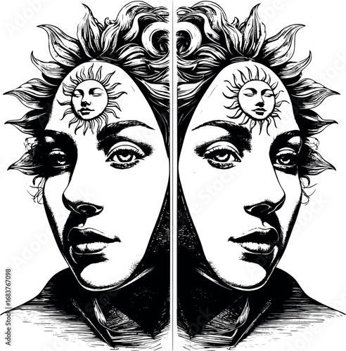 Celestial duality engraving. Stylized sun–moon symbolic portrait.