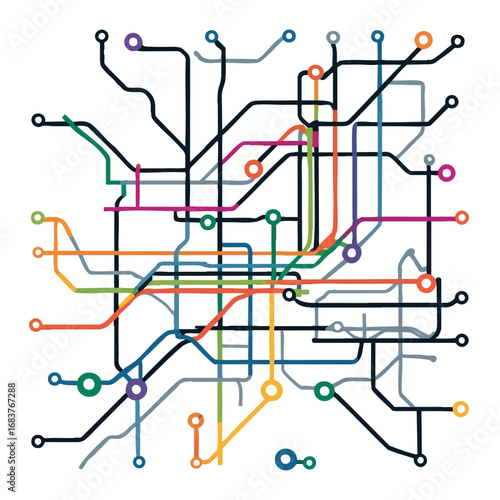 Geometric Urban Transport Network Map. Color-Coded Subway System Outline for Infographic and Wayfinding Design.