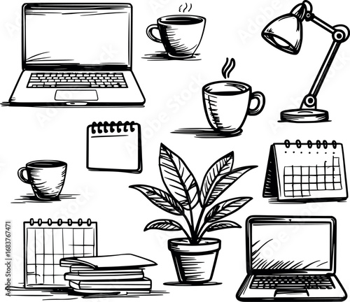 Hand-drawn office elements outline icons set. Sketch style workplace essentials including laptop lamp and plant. Vector illustration.