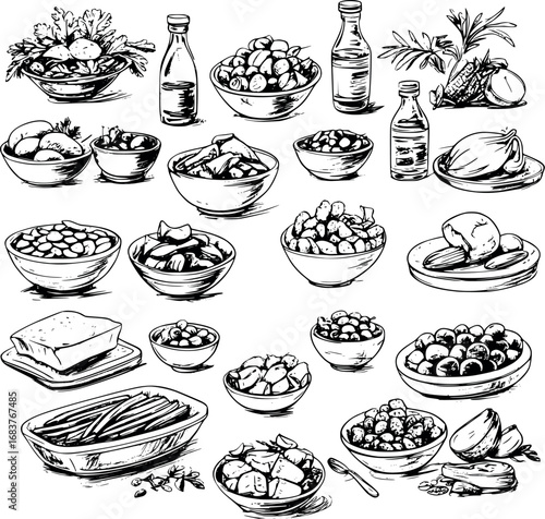 Healthy vs unhealthy fats comparison outline illustration. Hand-drawn educational infographic with labeled food examples for nutrition and dietary content.