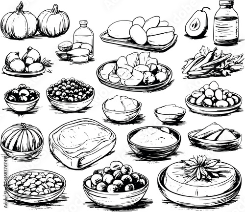 Healthy vs unhealthy fats comparison outline illustration. Hand-drawn educational infographic with labeled food examples for nutrition and dietary content.