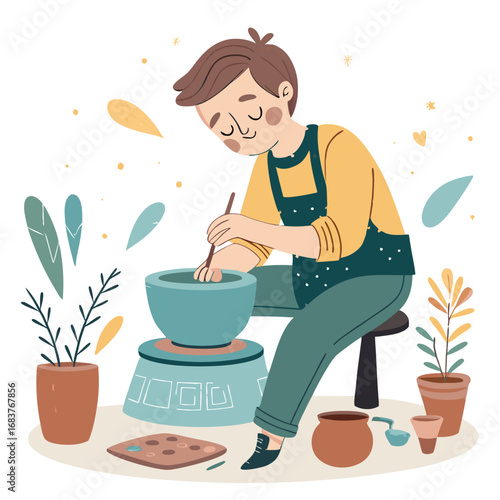 Illustrated potter working with clay in a workshop.
