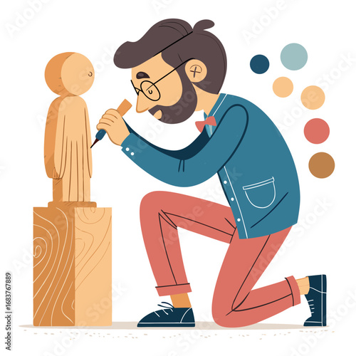 Illustration of a bearded man sculpting wood.