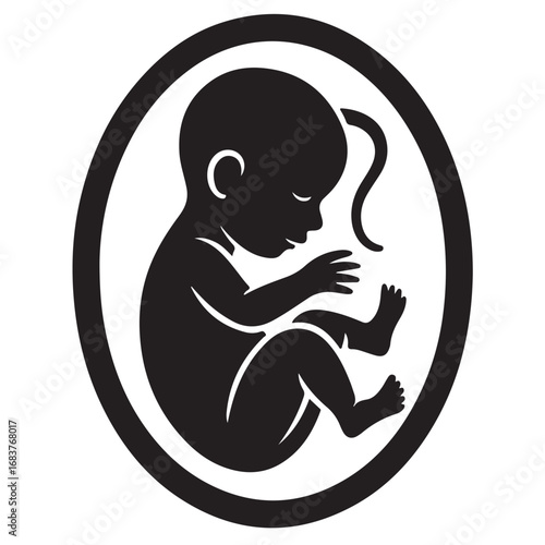 Fetus in Womb Silhouette Clipart – Black & White Prenatal Development Icon with Umbilical Cord