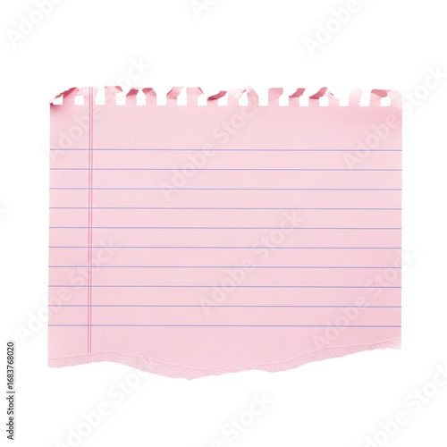 Torn pink lined paper note with realistic texture and jagged edges for messages
