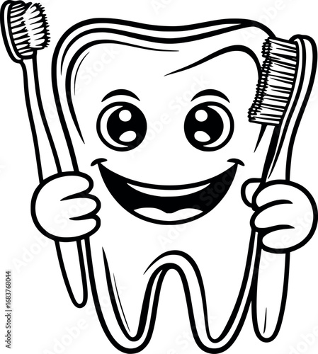 Tooth character with toothbrush outline. Cute dental hygiene vector illustration.