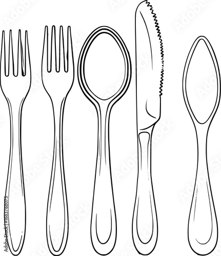 Plastic utensils outline. Vector line drawing of disposable cutlery set in black and white