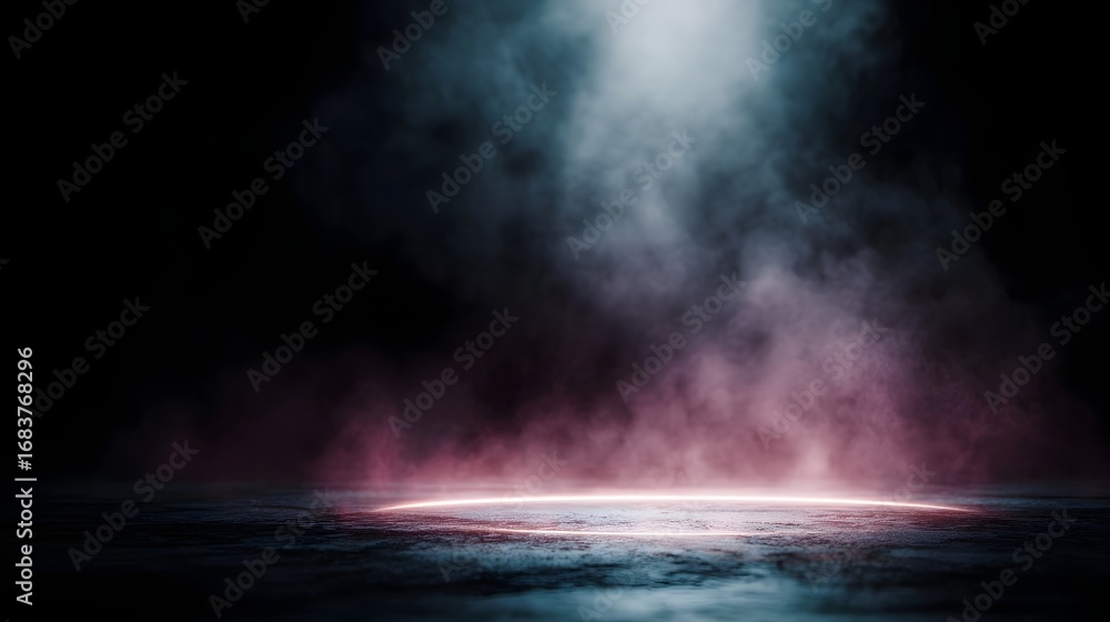 Obraz premium Dark smoky atmosphere with a glowing red circular light on a textured floor illuminated by an ethereal blue light from above