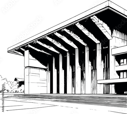Civic brutalism outline. Monolithic design in contour style.