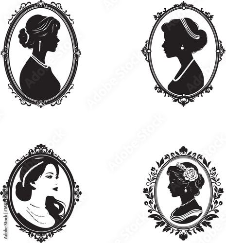 Elegant cameo women portraits with intricate vintage ornamental frame on white background