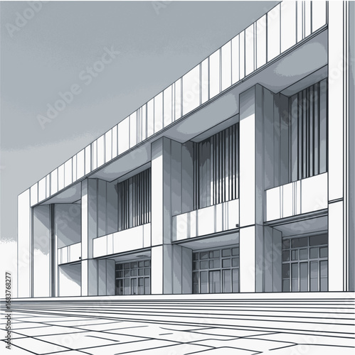 Civic brutalism outline. Monolithic design in contour style.