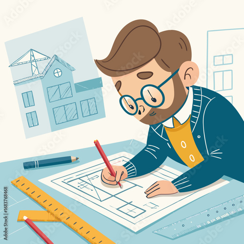 Male Architect Drawing a Blueprint at His Desk.