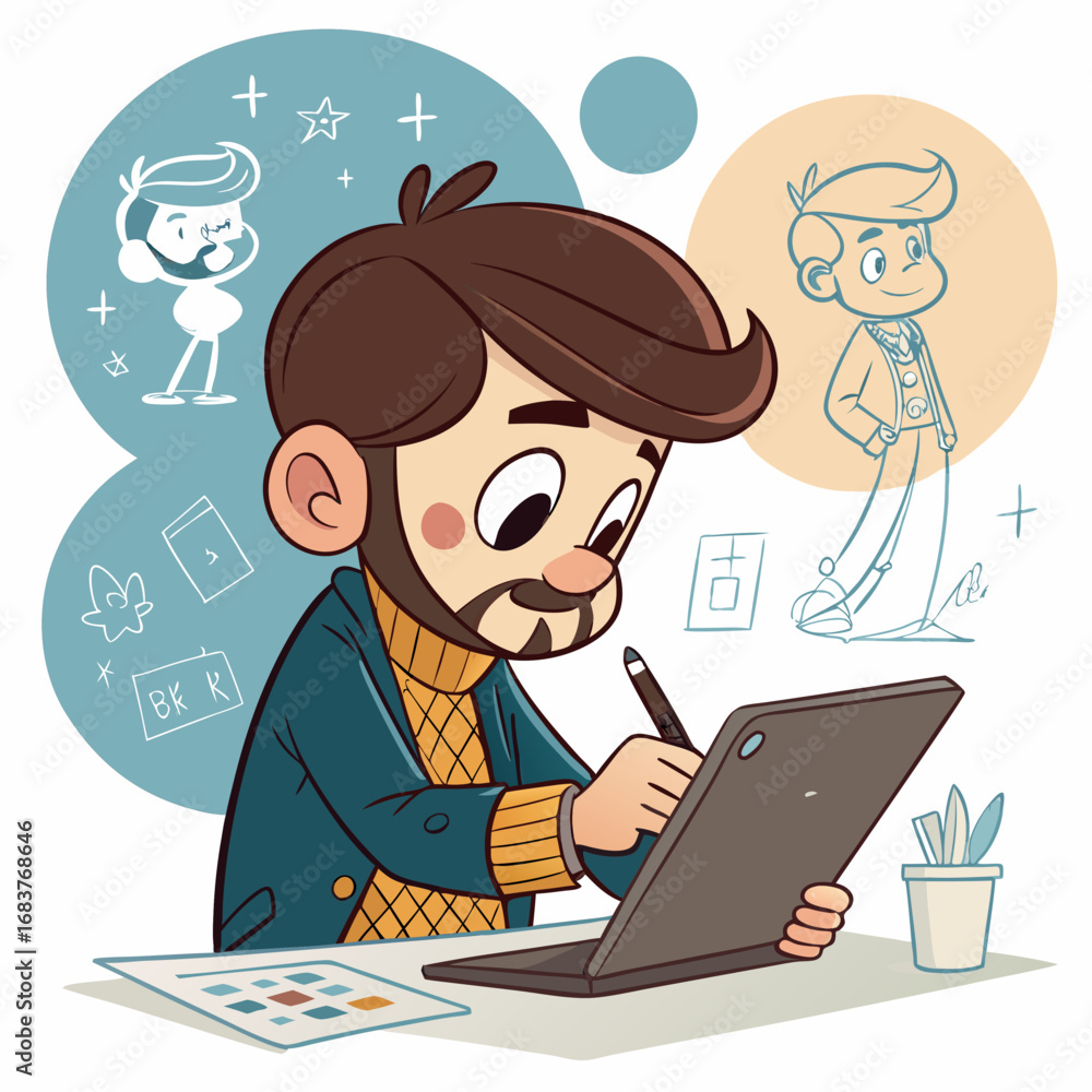 Male Character Designer Illustrating on a Graphics Tablet. Male Character Designer Illustrating on a Graphics Tablet.