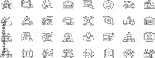 Collection of various line art icons related to logistics, supply chain, and business operations.