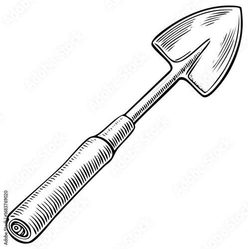 Engraved Gardening Trowel Illustration Small Shovel Sketch Style Line Art Tool