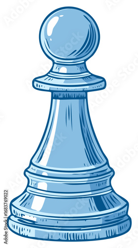 Hand drawn illustration of a shiny blue glass pawn chess piece for a strategy game