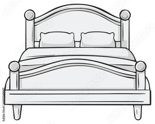 Minimalist cartoon drawing of a white bed with two pillows and blanket