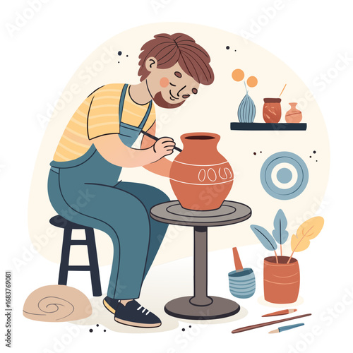 Male potter decorating a clay vase on a potters wheel.