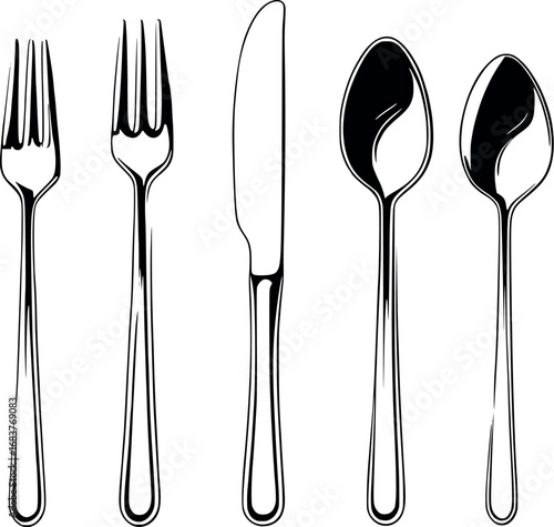 Basic Cutlery Set Outline Drawing. Minimalist Line Art of Fork Knife and Spoon Vector Illustration for Dining and Kitchen Concepts.