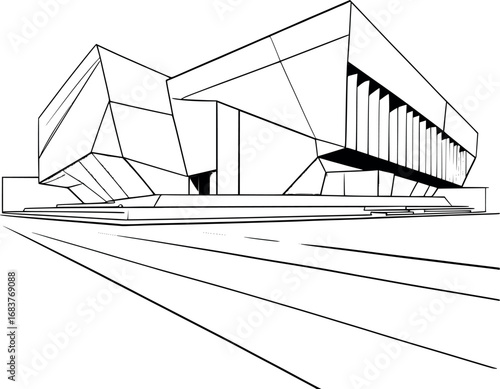 Modern Museum Architecture Outline Drawing. Minimalist Continuous Line Art of Contemporary Building Design Vector Illustration.