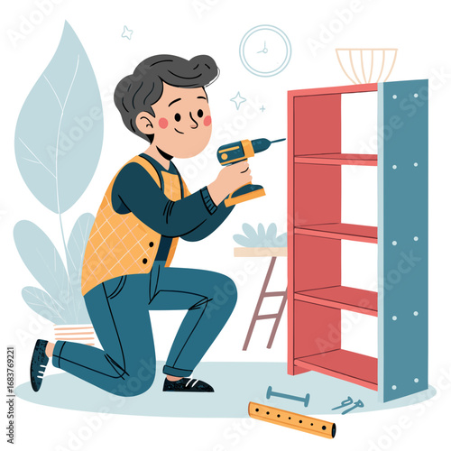 Man Assembling Furniture with a Power Drill at Home.