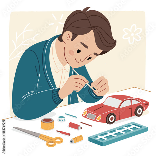 Man meticulously crafting a red toy car model at a desk with tools.