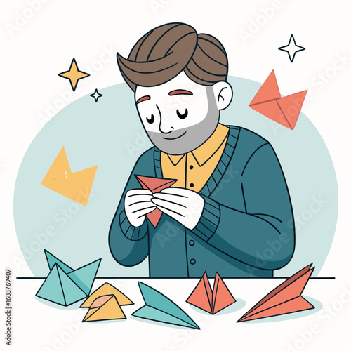 Man with a beard enjoying his hobby of making origami paper airplanes.