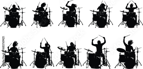 Drummer silhouette sequence, drum set illustration, music performance art, percussion instrument graphic, band concert concept, rhythmic entertainment theme, live stage musical activity