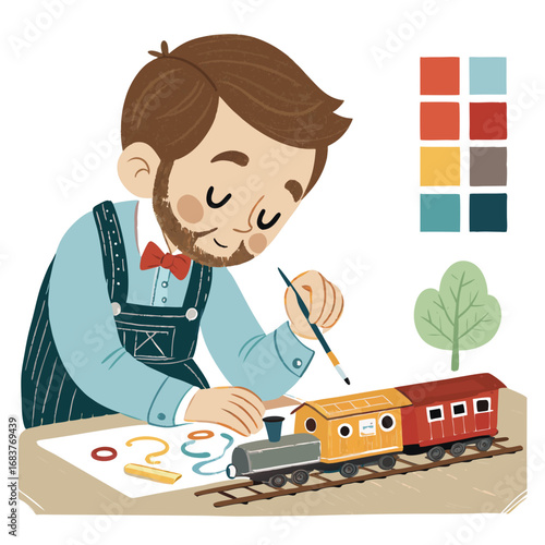 Man with a Beard Painting a Colorful Toy Train.