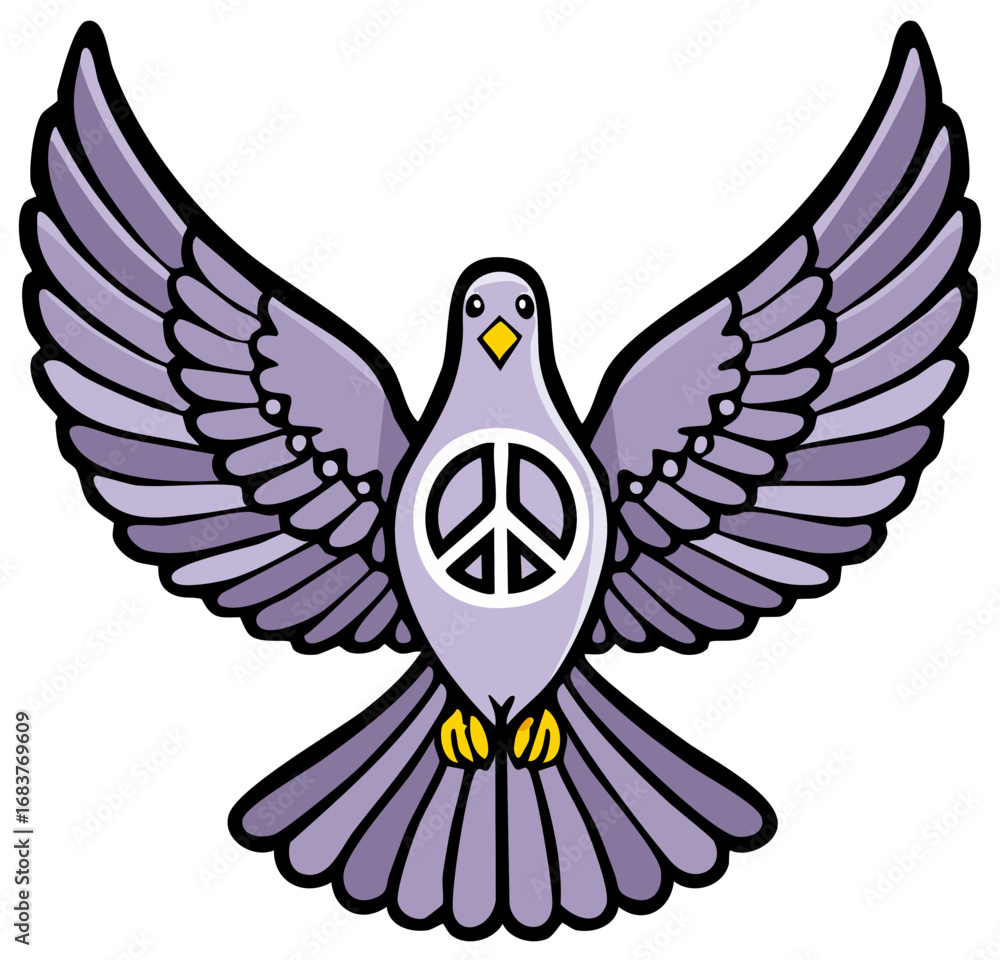 Obraz premium Peace Dove Bird with Peace Symbol on Chest Representing Harmony and Freedom. Illustration. Spread Wings.