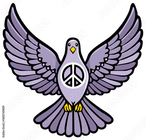Peace Dove Bird with Peace Symbol on Chest Representing Harmony and Freedom. Illustration. Spread Wings.